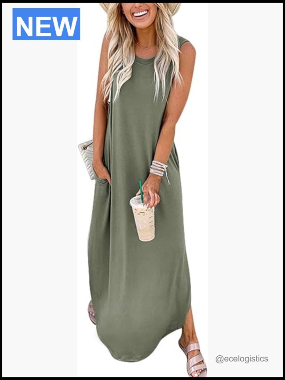 Sleeveless Maxi Dress with Side Slit Casual Loose Fit Summer Beach Sundress